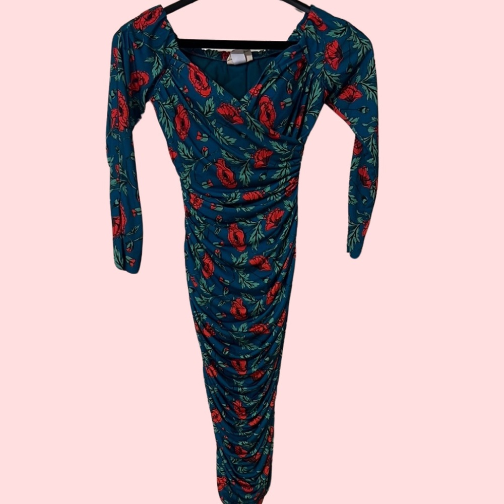 Vintage Style Rouched Floral Long Sleeve Dress